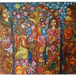Alessandra Damiano - Famiglia africana sotto il Baobab - Olio su tela con applicazioni materiche - cm. 120 x 140