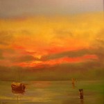 Mario Bonifacio - Tramonto in laguna - Olio su tela su tavola - cm. 63 x 63