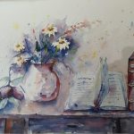 Franco Costanzo - Tavolo con libri e fiori - Acquerello - cm. 50 x35
